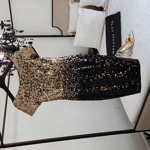 Melanie Lyne Black & Gold Short Sleeve Knee Length Dress Size: 4